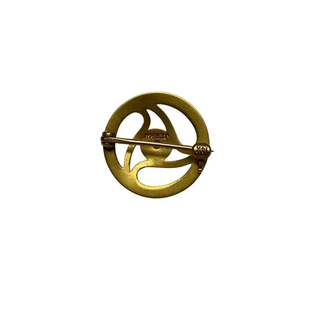 Vintage 14K Gold Swirl Brooch Pin Mid Century Clear Stone JFF Fine Jewelry